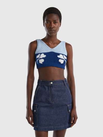 Women's Benetton Floral Inlay Cropped Tanks Blue | NZ272692