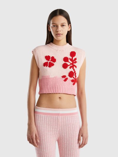 Women's Benetton Floral Inlay Vest Pink | NZ499308