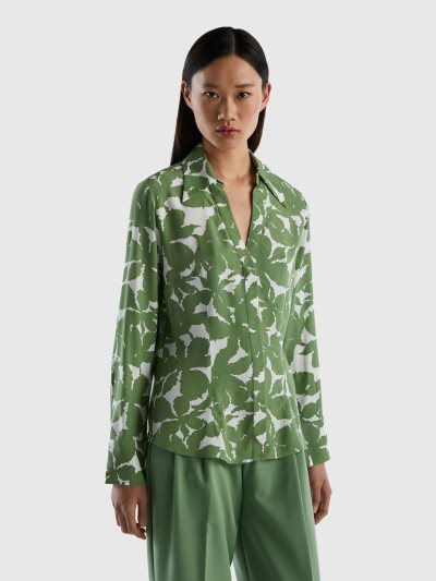 Women's Benetton Floral Pure Viscose Shirts Green | NZ373004
