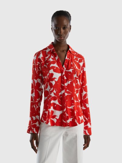 Women's Benetton Floral Pure Viscose Shirts Red | NZ712291