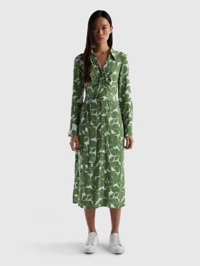 Women's Benetton Floral Shirt Dress Pure Viscose Dress Green | NZ706641