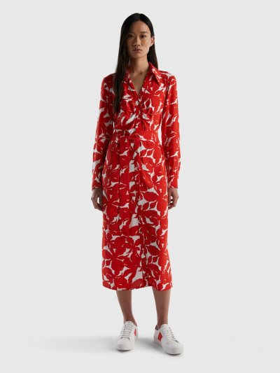Women's Benetton Floral Shirt Dress Pure Viscose Dress Red | NZ876592