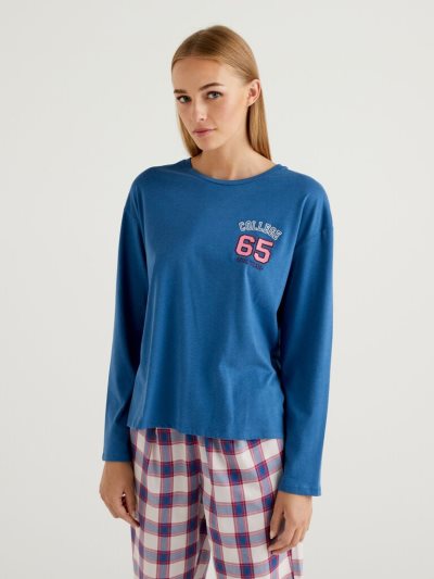 Women's Benetton Flowy Embroidery T Shirts Blue | NZ447981