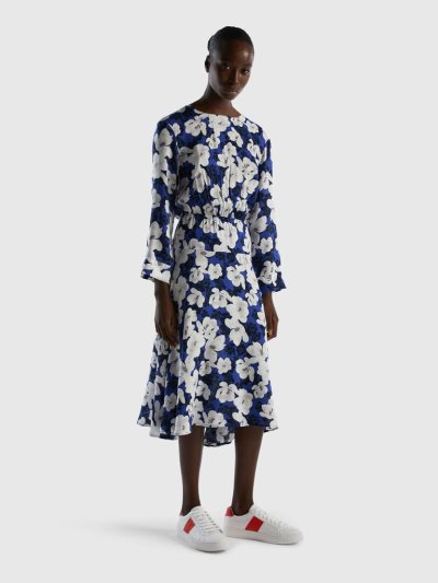 Women's Benetton Flowy Floral Dress Air Force Blue | NZ975303