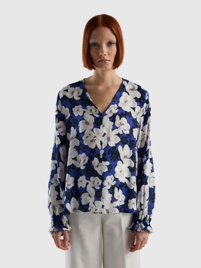 Women's Benetton Flowy Flowery Blouse Air Force Blue | NZ579484