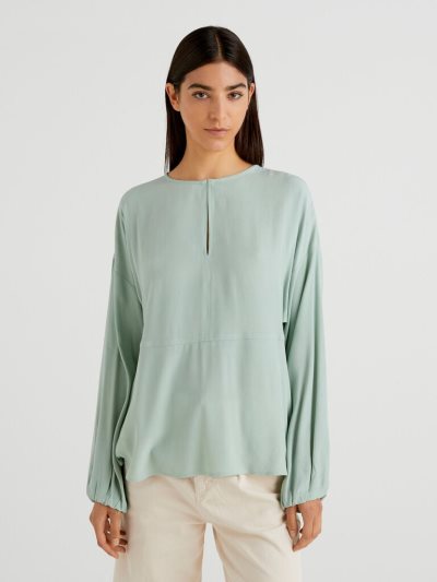 Women's Benetton Flowy Frill Blouse Aqua | NZ667745
