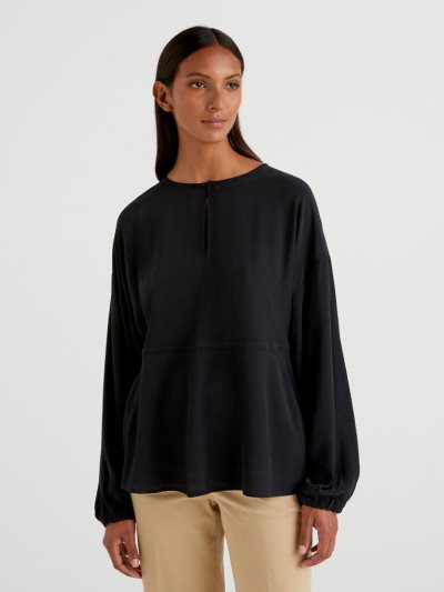 Women's Benetton Flowy Frill Blouse Black | NZ693515