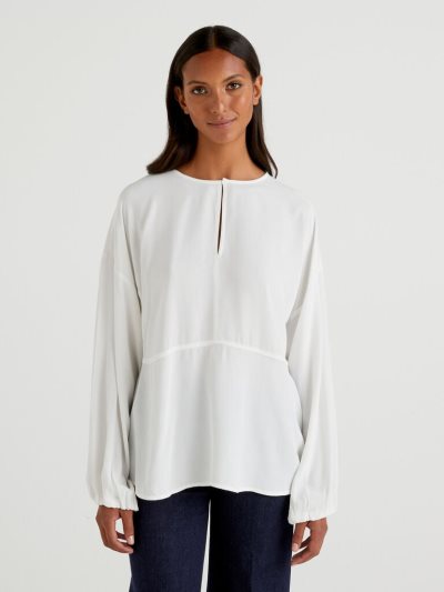 Women's Benetton Flowy Frill Blouse Creamy White | NZ491959