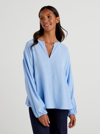 Women's Benetton Flowy Frill Blouse Light Blue | NZ224929