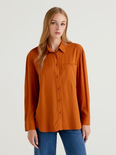 Women's Benetton Flowy Pocket Shirts Burnt | NZ419508