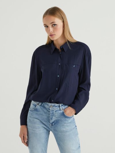 Women's Benetton Flowy Pocket Shirts Dark Blue | NZ576429