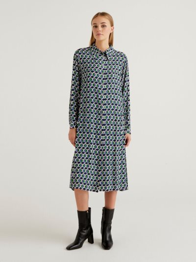 Women's Benetton Flowy Shirt Dress Retro Print Dress Green | NZ205614