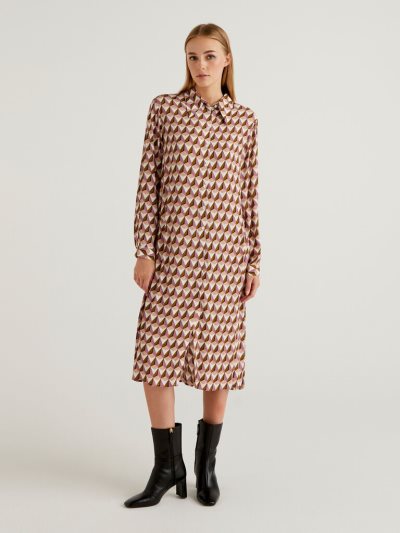 Women's Benetton Flowy Shirt Dress Retro Print Dress Mauve | NZ766736