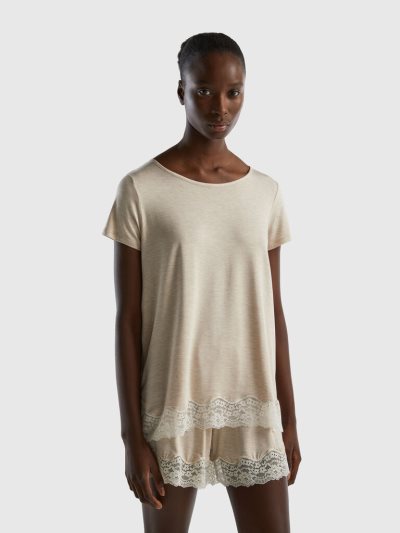 Women's Benetton Flowy Short Sleeve Lace T Shirts Grey | NZ113442