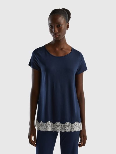 Women's Benetton Flowy Short Sleeve Lace T Shirts Dark Blue | NZ354181