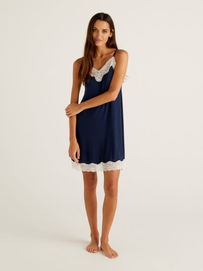 Women's Benetton Flowy Slip Lace Nightshirts Dark Blue | NZ983014
