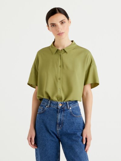 Women's Benetton Flowy Sustainable Viscose Shirts Military Green | NZ189178