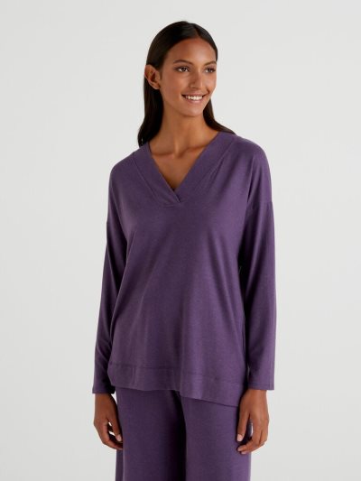 Women's Benetton Flowy V-neck T Shirts Plum | NZ181634