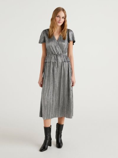 Women's Benetton Foil Pleated Midi Dress Silver | NZ414138