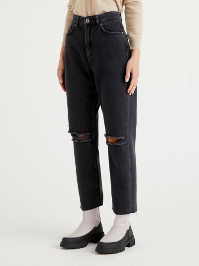 Women's Benetton Fringed Mom Fit Jeans Black | NZ812509