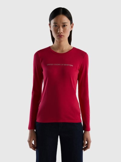 Women's Benetton Fuchsia Long Sleeve 100% Cotton T Shirts Fuchsia | NZ874733