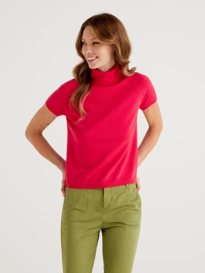 Women's Benetton Fuchsia Short Sleeve Turtleneck High Neck Sweaters Fuchsia | NZ626191