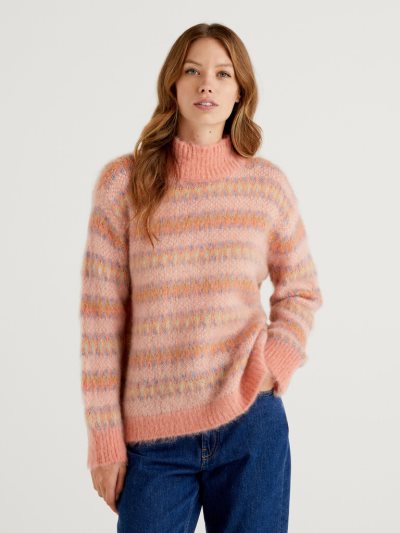 Women's Benetton High Neck Mohair Blend High Neck Sweaters Pink | NZ150875