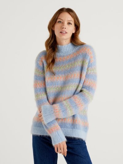 Women's Benetton High Neck Mohair Blend High Neck Sweaters Sky Blue | NZ518996