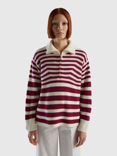 Women's Benetton High Neck Striped High Neck Sweaters Burgundy | NZ542232