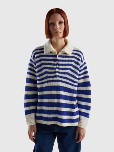 Women's Benetton High Neck Striped High Neck Sweaters Bright Blue | NZ833136