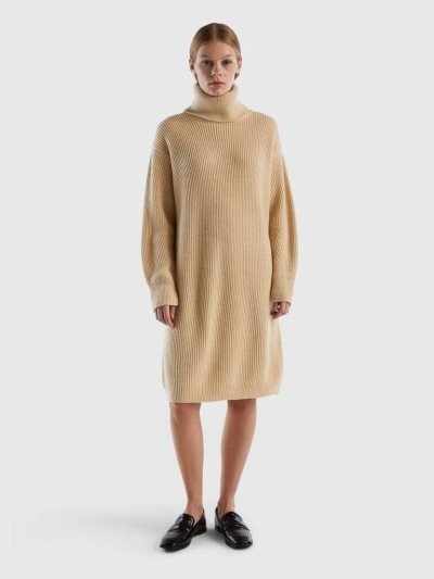 Women's Benetton High Neck Wool Blend Dress Vanilla | NZ019174