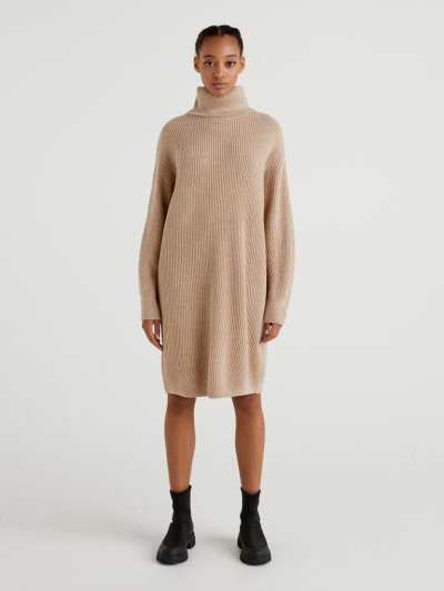 Women's Benetton High Neck Wool Blend Dress Beige | NZ089452
