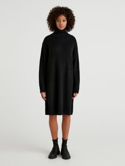 Women's Benetton High Neck Wool Blend Dress Black | NZ464870