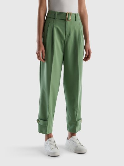 Women's Benetton High-waisted Belt Trousers Green | NZ256070