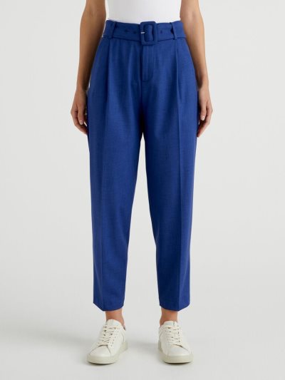 Women's Benetton High-waisted Belt Trousers Air Force Blue | NZ713293