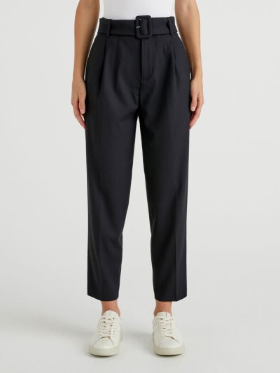 Women's Benetton High-waisted Belt Trousers Black | NZ931728
