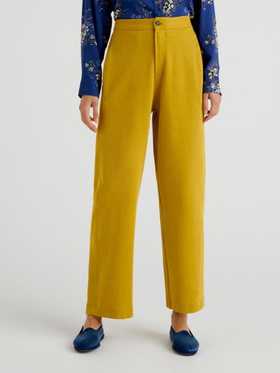 Women's Benetton High-waisted Cotton Blend Trousers Yellow | NZ306252