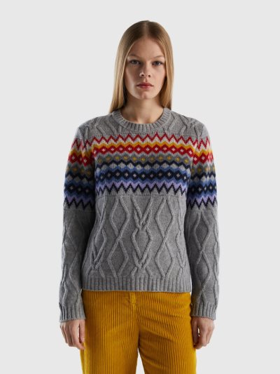 Women's Benetton Jacquard Cables Crew Neck Sweaters Grey | NZ599674