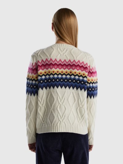 Women's Benetton Jacquard Cables Crew Neck Sweaters Creamy White | NZ831261