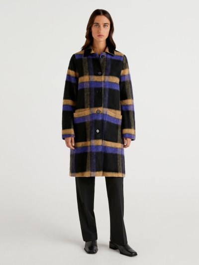 Women's Benetton Jacquard Check Coats Black | NZ347348