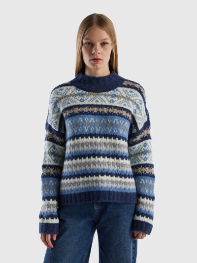 Women's Benetton Jacquard Turtleneck High Neck Sweaters Dark Blue | NZ014548