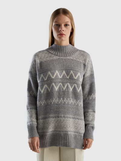 Women's Benetton Jacquard Turtleneck High Neck Sweaters Grey | NZ107177