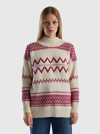 Women's Benetton Jacquard Turtleneck High Neck Sweaters Red | NZ406134