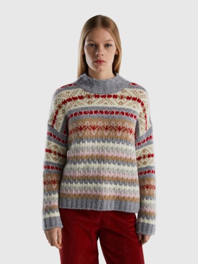 Women's Benetton Jacquard Turtleneck High Neck Sweaters Grey | NZ510690