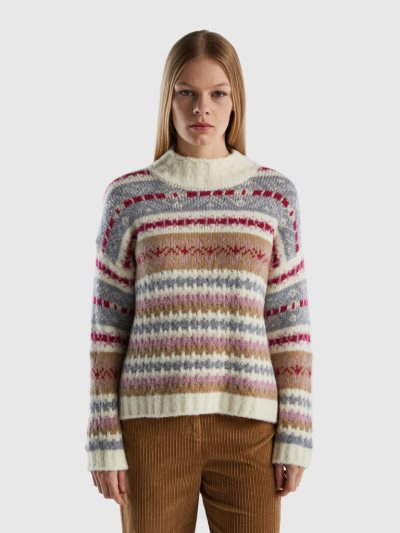 Women's Benetton Jacquard Turtleneck High Neck Sweaters Creamy White | NZ539764