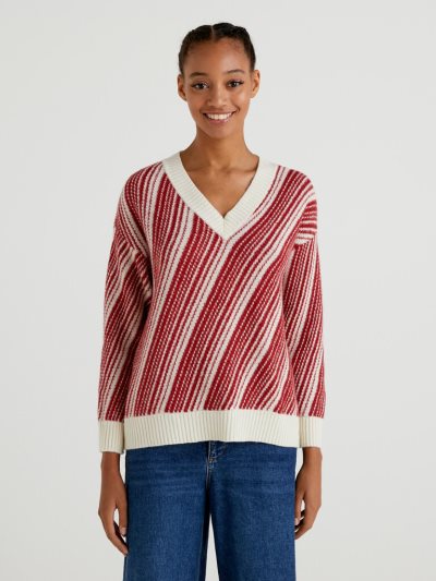Women's Benetton Jacquard V-neck Sweaters Burgundy | NZ783874