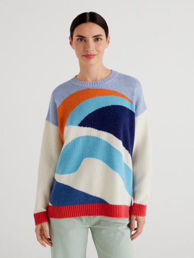 Women's Benetton Jacquard Winter Crew Neck Sweaters Light Blue | NZ847803