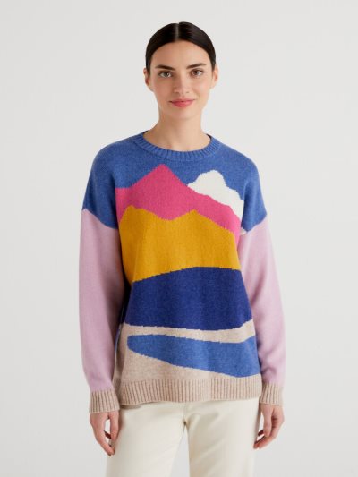 Women's Benetton Jacquard Winter Crew Neck Sweaters Blue | NZ892429