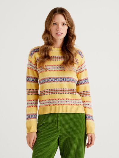 Women's Benetton Jacquard Wool Blend Crew Neck Sweaters Yellow | NZ271521