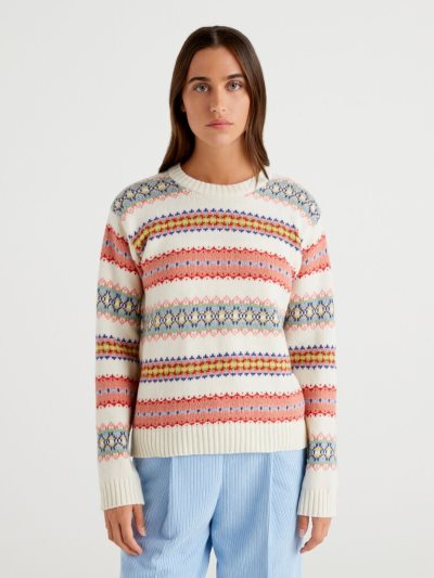 Women's Benetton Jacquard Wool Blend Crew Neck Sweaters Creamy White | NZ988425